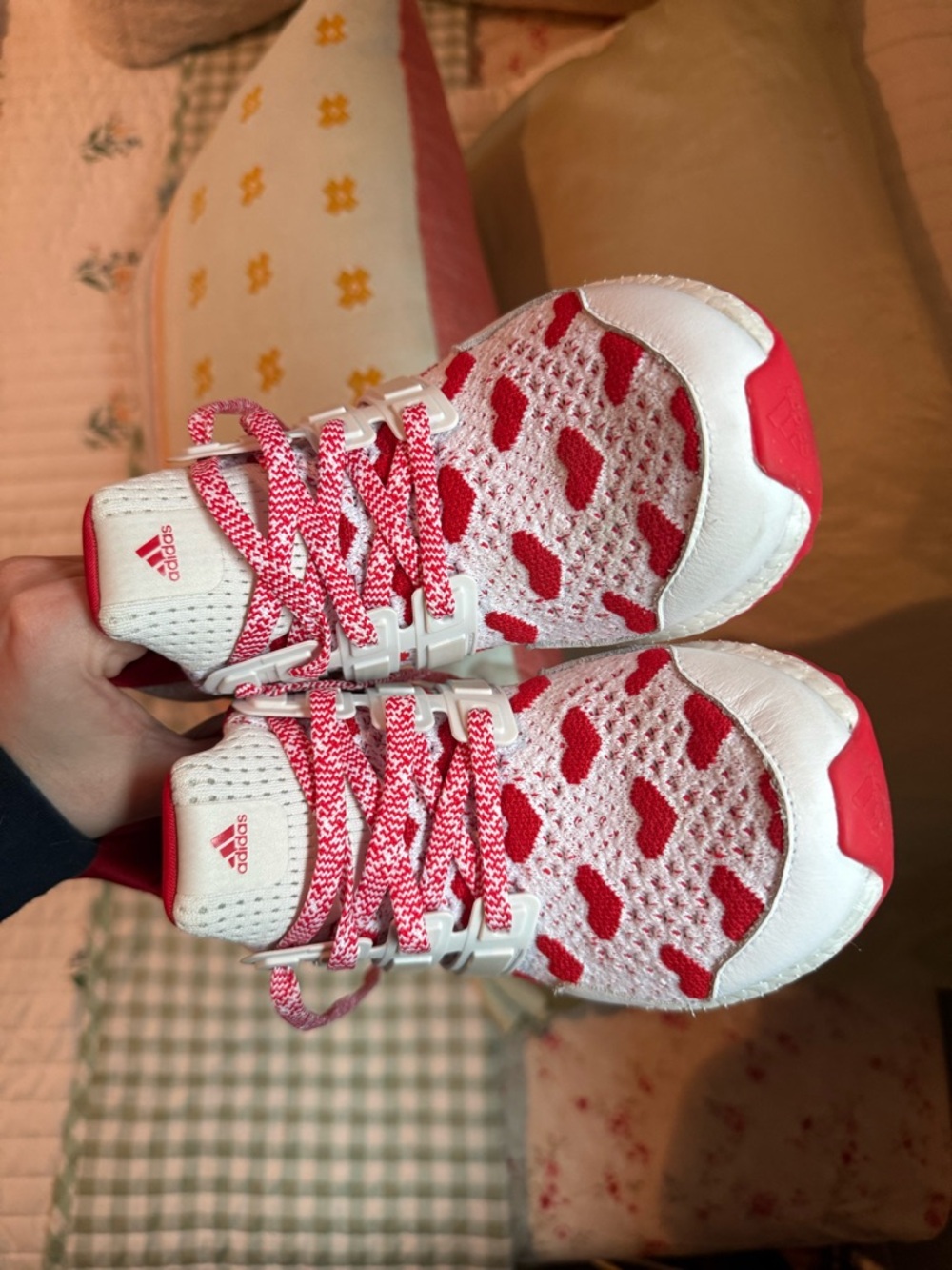adidas White and Red Knit Heart Athletic Sneakers